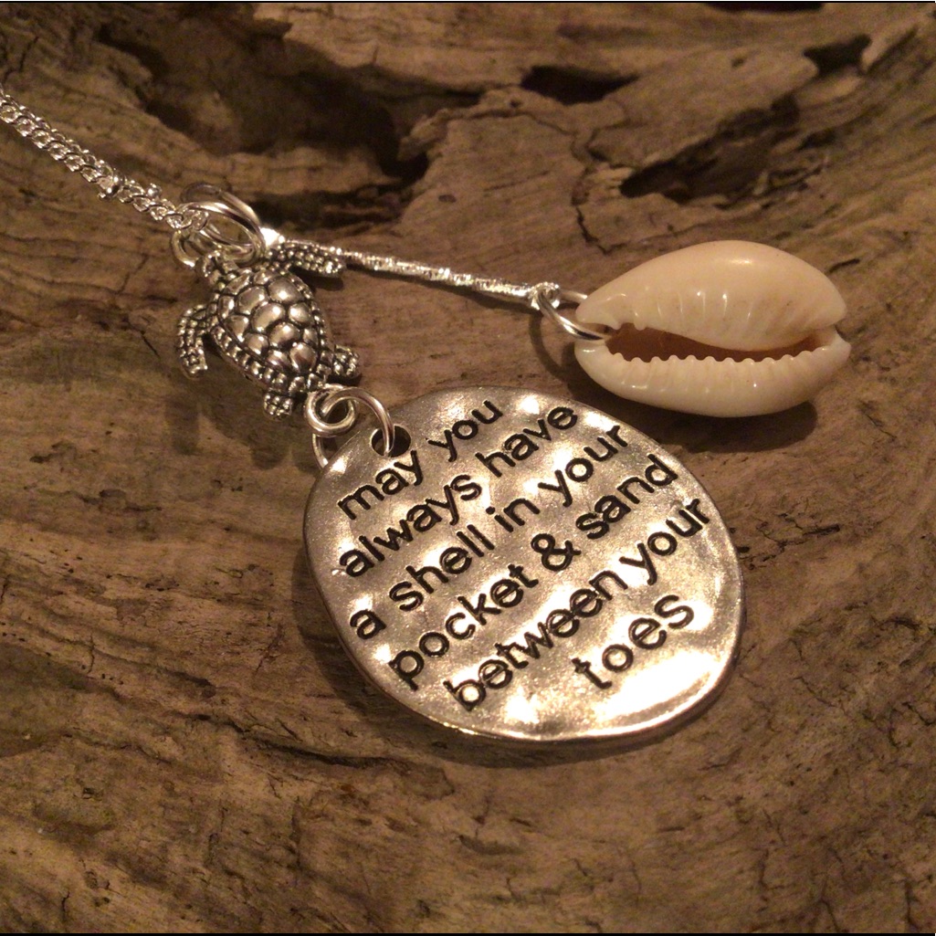 Sea Turtle Cowrie Shell Silver Necklace Handmade Custom Beach Ocean 32$
